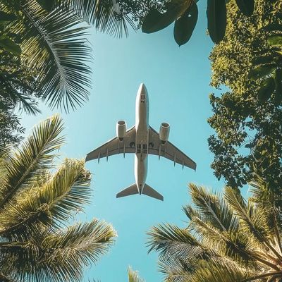 Airplane Flying Over Palm Trees