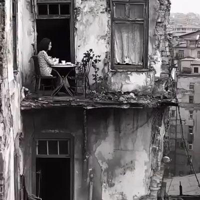 Lonely Figure on Weathered Balcony