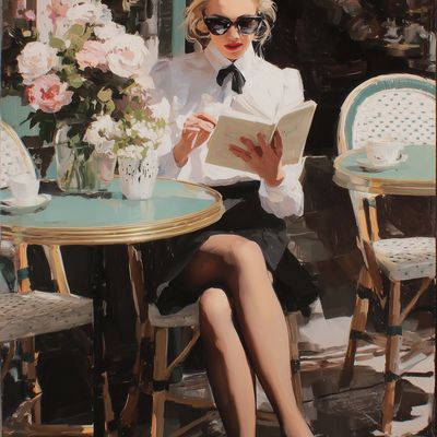 oil painting of a blonde woman with black sunglasses, wearing a white blouse and high heels, sitting...