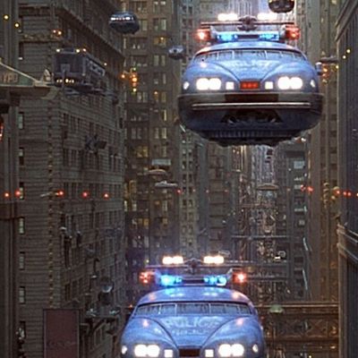 Sci-fi cityscape with flying cars
