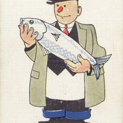 Man Holding Large Fish cartoon man suit fish whimsical