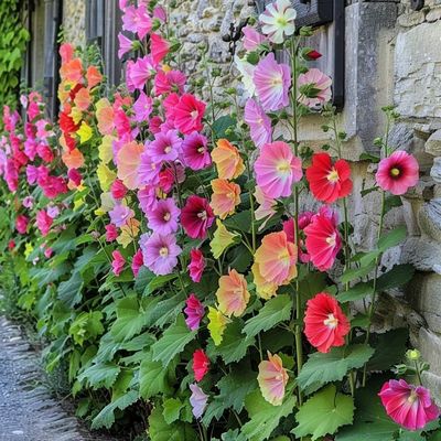 Colorful Hollyhocks Against Stone Wall