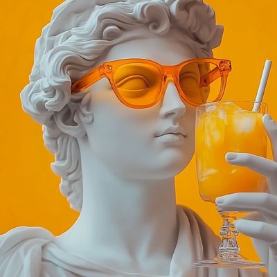 maob1ng A white sculpture wearing orange lensless glasses holdi cd70f7ef 061d 42d5 9b6e 11620a994ccd