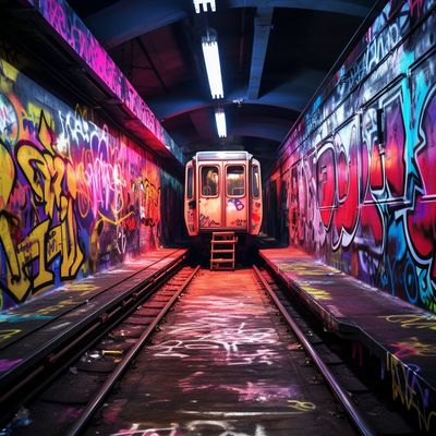 Graffiti-covered subway station