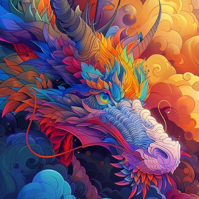 Colorful Dragon in Flames