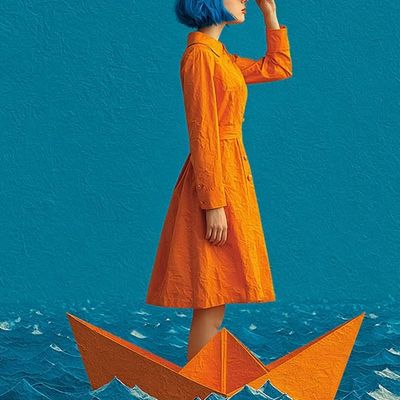 Blue Haired Woman on Paper Boat