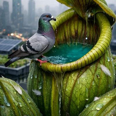 Pigeon on carnivorous plant