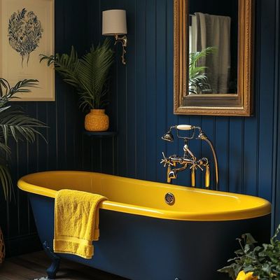 Bold Yellow Bathtub in Dark Blue Bathroom