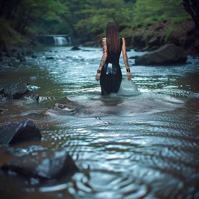 Woman in river with tattoos