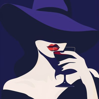Elegant Woman in Hat Drinking Wine