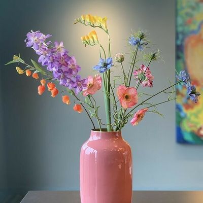 Colorful Flowers in Pink Vase
