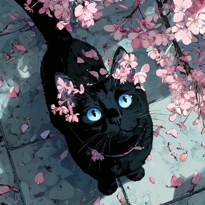 Black Cat Amidst Cherry Blossoms