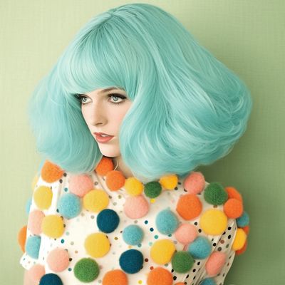 Bright Blue Wig with Colorful Pom-Poms