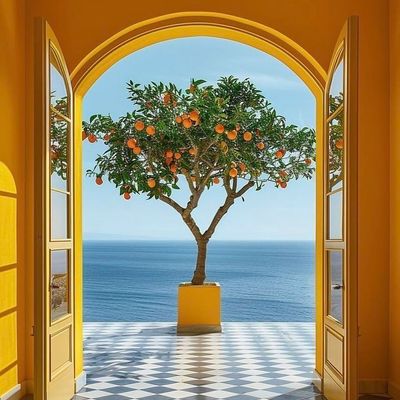 Sunlit Orange Tree Through Yellow Archway