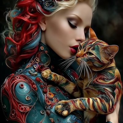 Colorful Woman Embracing Cat