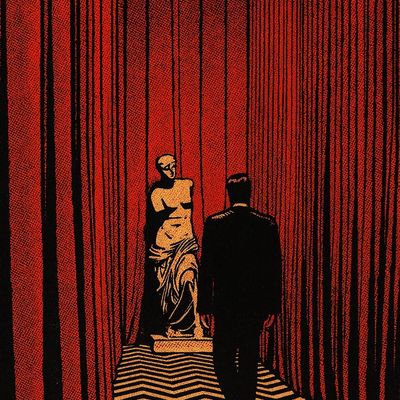 Statue and Figure in Red Curtain