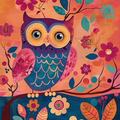 Colorful Owl in Floral Tree