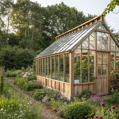 Wooden Greenhouse Amidst Lush Garden