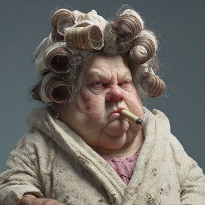 elderly woman with curlers smoking