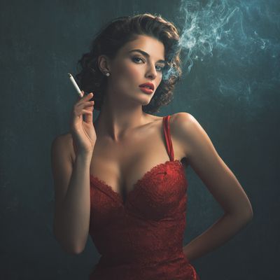 Elegant Woman Smoking in Red Dress