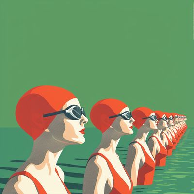 Swimmers in Red Caps