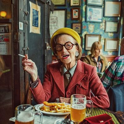 Vintage diner queen vintage diner elderly smoking beer
