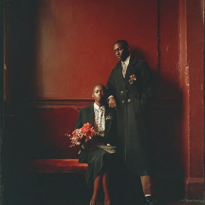 Formal Couple Against Red Wall