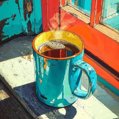 Steaming Mug on Weathered Porch