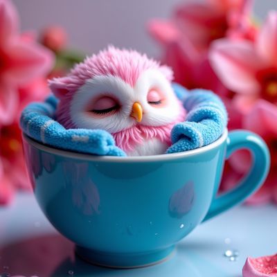 Cute Pink Owl in Teacup