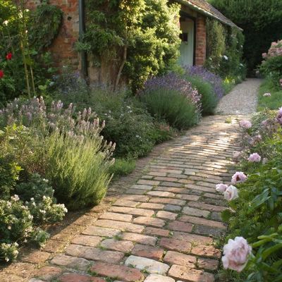 Lavender-lined brick pathway