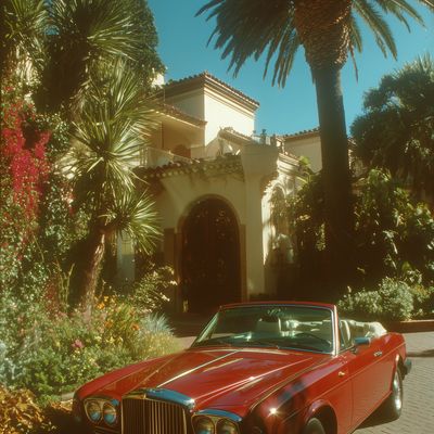 Vintage Red Convertible in Front of Mediterranean Villa
