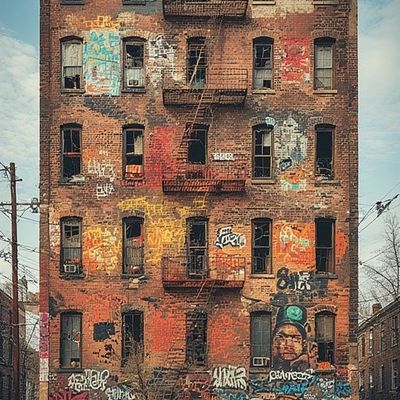 Graffiti-covered brick building