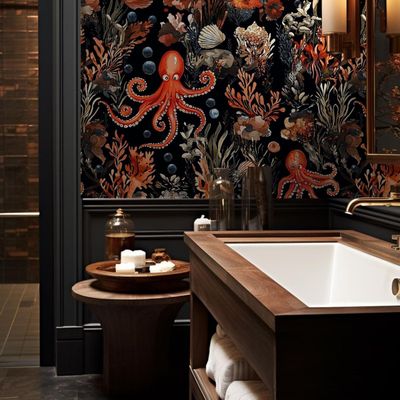 Elegant Bathroom with Octopus Wallpaper