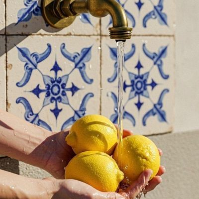 Washing Lemons Under Running Water lemons washing faucet water tiles