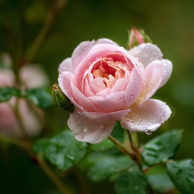 A delicate pink rose with dewdrops