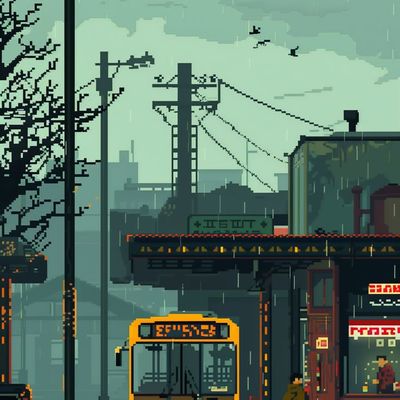Pixelated Rainy Cityscape