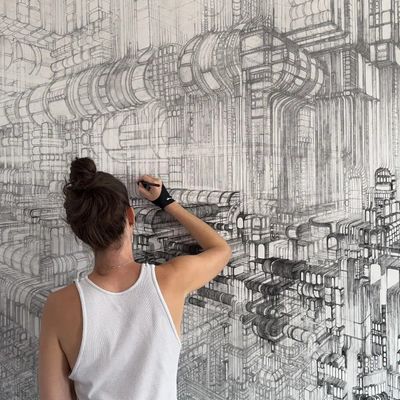 Artist Sketching Complex Mechanical Design
