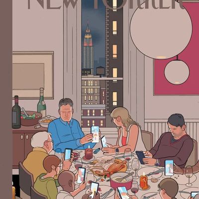 Family Gathering family smartphones disconnection dinner cityscape