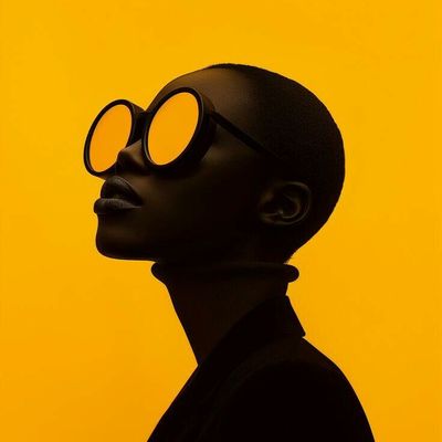 Silhouette of a person wearing oversized sunglasses against a yellow background