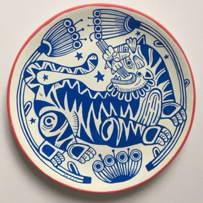 Blue and White Cat Plate