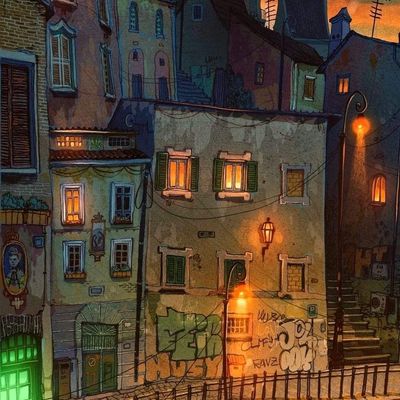 A quaint street scene with illuminated windows and graffiti.