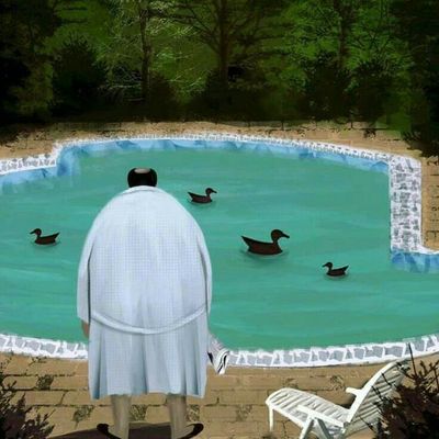 Man in Robe Observing Ducks in Pool
