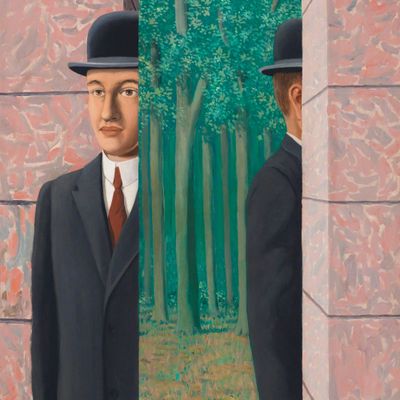 Man in Bowler Hat Peering Through Wall surrealism man bowler hat wall forest