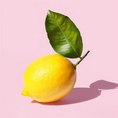 Lemon with Leaf on Pink Background lemon fruit leaf pink background simple
