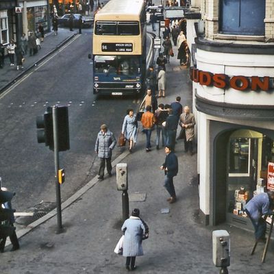 Vintage London Street Scene vintage street scene london pedestrians double-decker bus