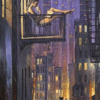 Woman Reading on Rainy Balcony