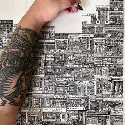 Detailed Ink Drawing of Vintage Storefronts