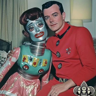 Robot and Human in Formal Wear robot human formal wear costume domestic setting
