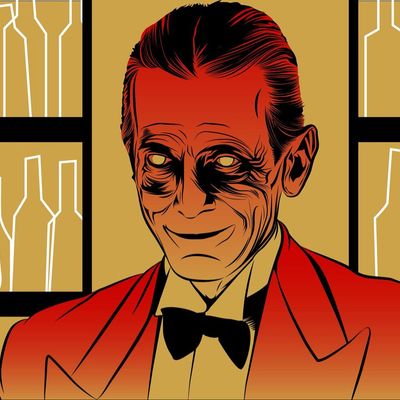 Red-suited man with eerie expression