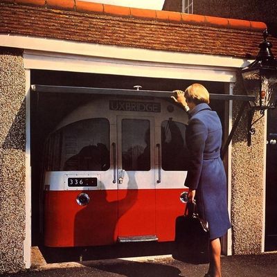 Vintage Bus Stop Scene bus vintage woman coat bus stop